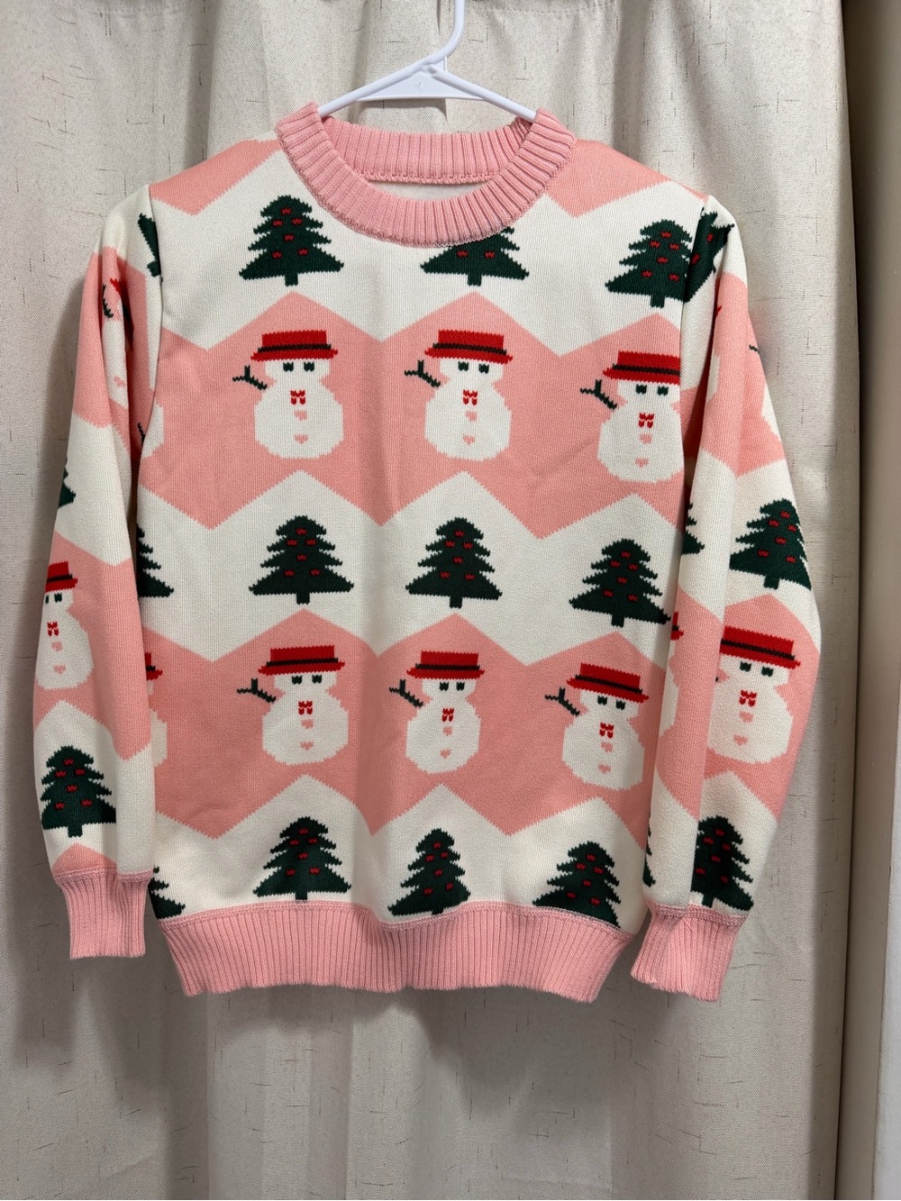 Girls Pink Snowman & Tree Holiday Knit Sweater - Cozy Crewneck